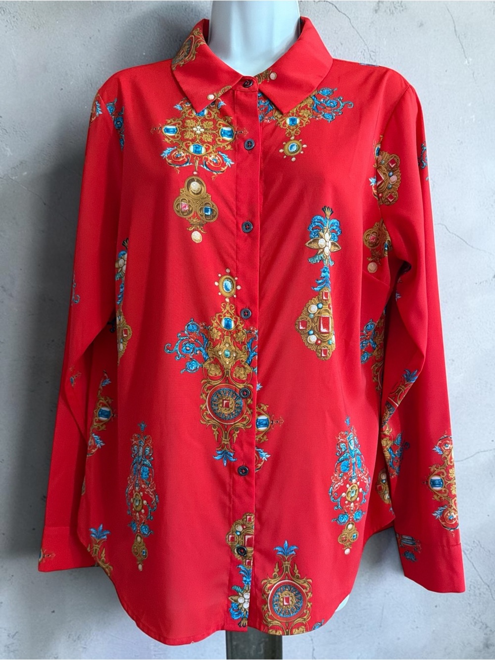 Motto Size 10 Red Baroque Jewel Print Button Down Blouse Long Sleeve Statement - Picture 3 of 7
